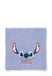 Beanie lavorato a maglia di colore lilla chiaro con un design ricamato della faccia di Stitch, con dettagli in blu, rosa e nero, e il testo "STITCH" in fondo.