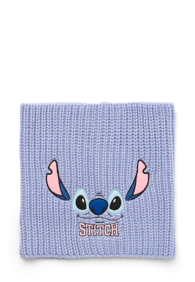Beanie lavorato a maglia di colore lilla chiaro con un design ricamato della faccia di Stitch, con dettagli in blu, rosa e nero, e il testo "STITCH" in fondo.