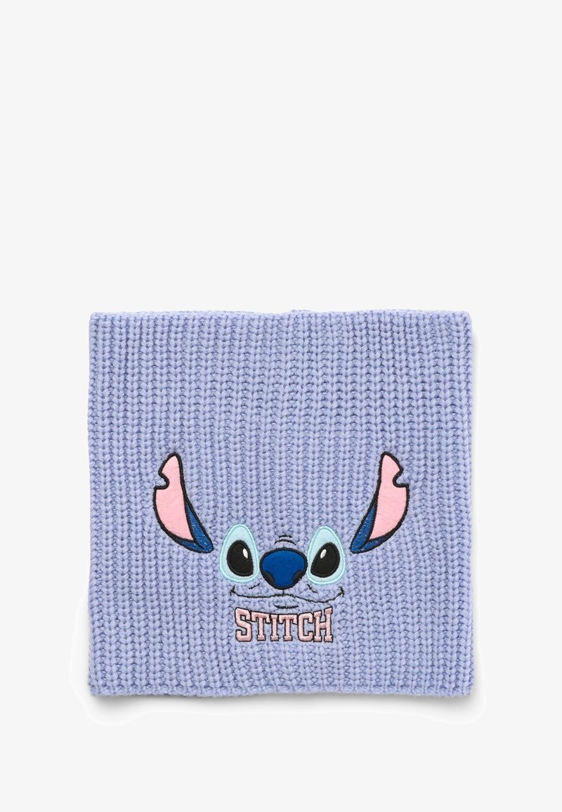 Beanie lavorato a maglia di colore lilla chiaro con un design ricamato della faccia di Stitch, con dettagli in blu, rosa e nero, e il testo "STITCH" in fondo.