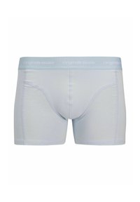 Himmelblaue Boxer-Shorts aus einem weichen Stoff, mit einem kontrastierenden Bund, der in weißem Text "originals studio" beschriftet ist.