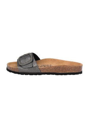 Slide sandal with a metallic black upper and a large decorative buckle, cork footbed, and textured rubber sole.