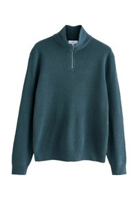Maglione verde a coste con colletto alto e chiusura a mezza zip, dotato di maniche lunghe e un motivo a maglia testurizzata.
