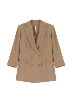 Blazer beige doppiopetto realizzato in tessuto liscio, con grandi colli, maniche a tre quarti e tasche laterali.