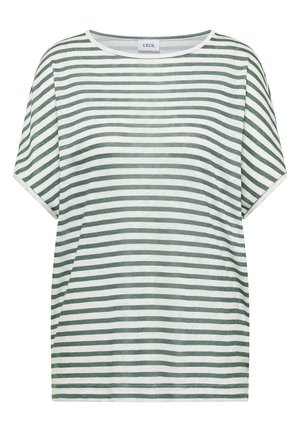 Kortærmet T-shirt med horisontale grønne og hvide striber, rund halsudskæring og et "CECIL" mærke ved kraven.