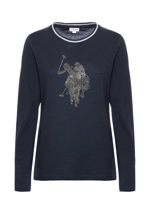 T-shirt a maniche lunghe color navy con scollatura rotonda e bordo grigio a contrasto, caratterizzato da un design decorativo di un giocatore di polo in strass sul davanti.