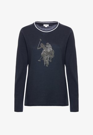 T-shirt a maniche lunghe color navy con scollatura rotonda e bordo grigio a contrasto, caratterizzato da un design decorativo di un giocatore di polo in strass sul davanti.