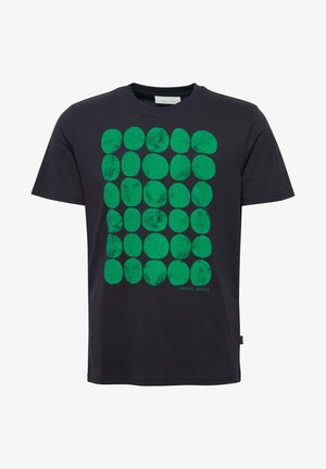 Black cotton t-shirt featuring a green circle pattern, textured design, crew neck, and short sleeves. Small "CASUAL FRIDAY" label at the bottom.