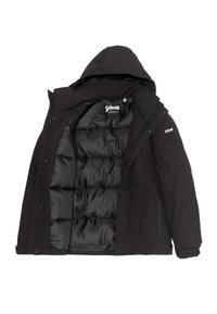 Czarna ocieplana kurtka z odpinanym kapturem, kieszeniami na zamek i pikowaną podszewką. Wewnątrz znajduje się metka z logo.