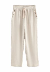 Pantaloni raiati de culoare bej deschis, cu talie elastica si siret, avand buzunare laterale si o croiala relaxata, scurta.
