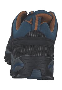 Schwarze und blaue Sportschuhe mit einer strukturierten Mesh-Oberfläche, gepolstertem Kragen und Gummisohle mit ausgeprägtem Profil.