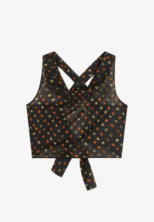Black crop top with crossed straps, featuring a loose fit, decorative knot at the hem, and a pattern of multicolored squares and dots.