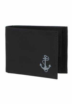Portefeuille noir bifold avec bords cousus et symbole d'ancre gris dans le coin inférieur droit, présenté partiellement ouvert.
