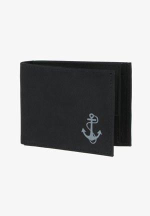 Portefeuille noir bifold avec bords cousus et symbole d'ancre gris dans le coin inférieur droit, présenté partiellement ouvert.