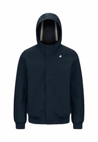 Giacca blu navy con cappuccio, dotata di zip frontale, polsini a costine e un logo bianco sul petto. Tessuto liscio con minima texture.