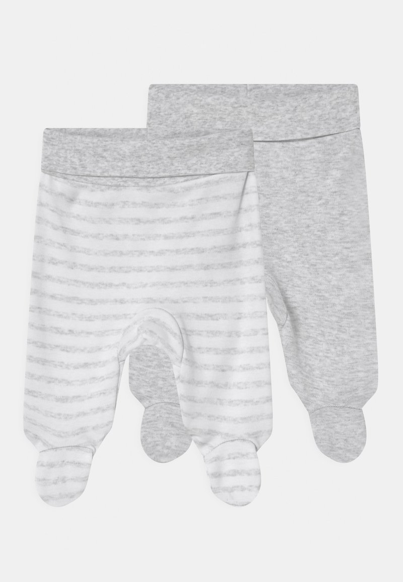 Two pairs of baby leggings: one solid gray, one white with gray stripes. Each features footed design and soft, stretchy fabric.