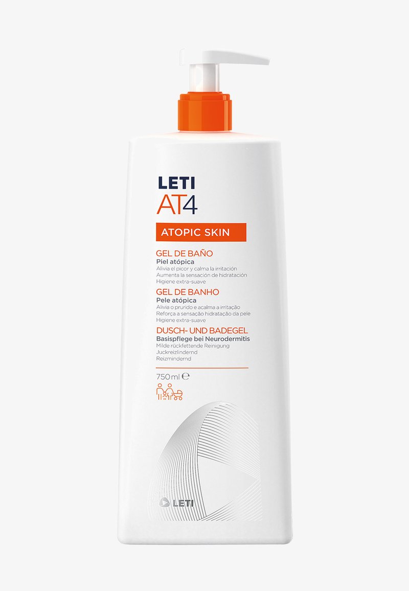 White plastic pump bottle with an orange pump cap, labeled "LET AT4 Atopic Skin Gel de Baño," contains 750 ml of body wash for sensitive skin.