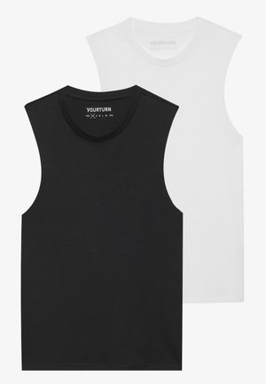 Deux T-shirts sans manches, l'un noir et l'autre blanc, avec un col rond et en tissu de coton doux. Chacun a une coupe droite standard.