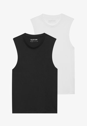 Δύο αμάνικα μπλουζάκια, ένα μαύρο και ένα λευκό, με στρογγυλή λαιμόκοψη και μαλακό βαμβακερό ύφασμα. Κάθε ένα έχει κανονική ίσια γραμμή.