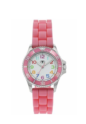 Watch with pink silicone strap, silver bezel, white dial, and colorful numbers; hour, minute, and second hands show 10:10:37.