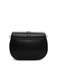 Black leather handbag with a rounded shape, a flap closure, and gold hardware accents. Smooth texture with stitching details.