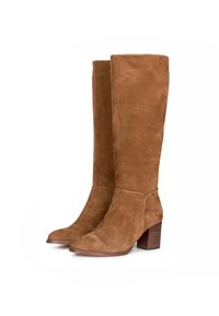 Bottes marron en suede jusqu'aux genoux avec un talon carré, présentant une texture lisse et un design minimaliste. La semelle est légèrement modelée pour le confort.
