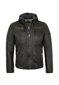 Schwarze Lederjacke mit Kapuze, ausgestattet mit Reißverschlusstaschen, strukturierten Einsätzen an den Ärmeln und einer glatten Oberfläche. Vorderer Reißverschluss, lässiger Stil.