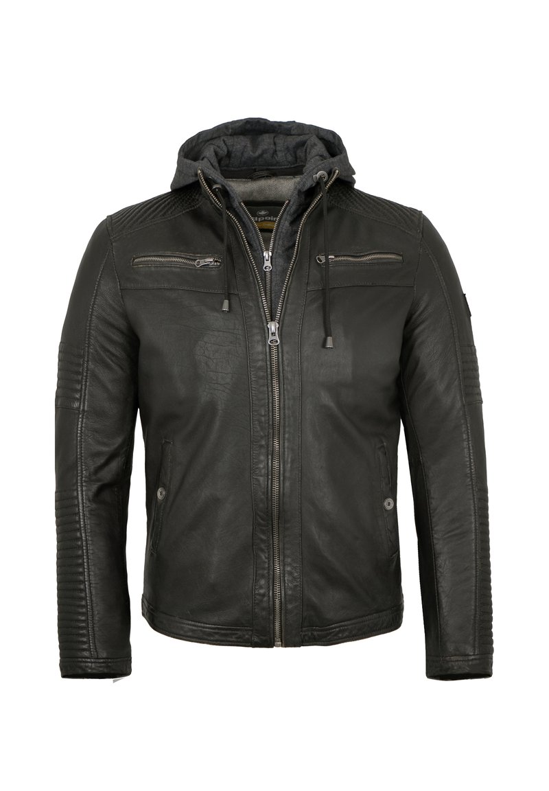 Schwarze Lederjacke mit Kapuze, ausgestattet mit Reißverschlusstaschen, strukturierten Einsätzen an den Ärmeln und einer glatten Oberfläche. Vorderer Reißverschluss, lässiger Stil.