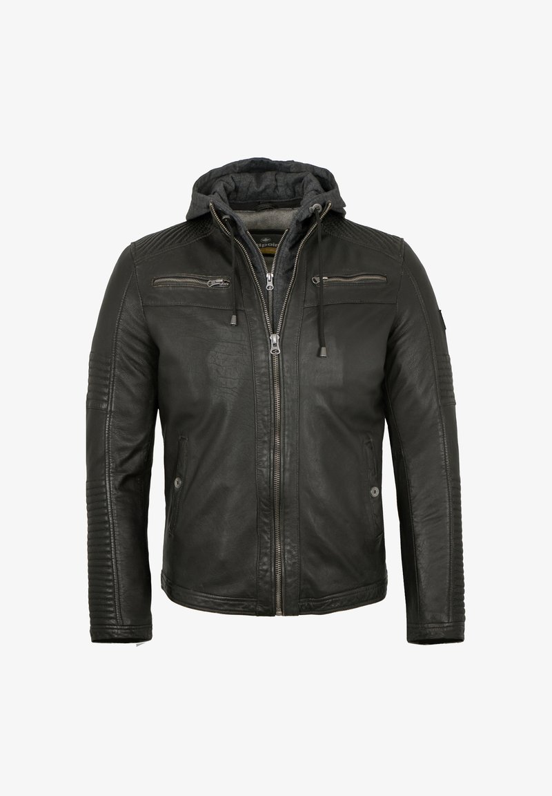 Schwarze Lederjacke mit Kapuze, ausgestattet mit Reißverschlusstaschen, strukturierten Einsätzen an den Ärmeln und einer glatten Oberfläche. Vorderer Reißverschluss, lässiger Stil.