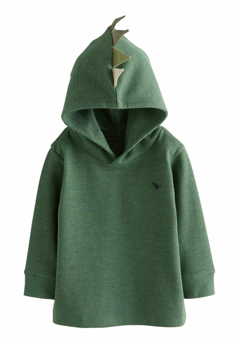 Sweat à capuche vert pour enfant avec des piquants de dinosaure sur la capuche et un petit logo dinosaure sur la poitrine, présenté sur fond blanc.