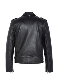 Svart lädermotorcykeljacka med en texturerad yta, dragkedjeslutar och en klassisk krage. Skräddarsydd design utan synliga logotyper.