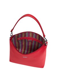 Red leather handbag with a textured finish, featuring a striped interior in gray, maroon, and purple. Includes a zip closure and shoulder strap.