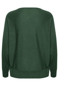 Roheline kootud sviiter, mis on laia lõikega, laia kaelusega ning ribadega mansetid ja serv. Sile tekstuur, millel on minimaalne detailide arv tagaküljel.