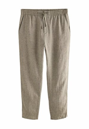 Light gray trousers made of a textured fabric. Features an elastic waistband with a drawstring and side pockets.