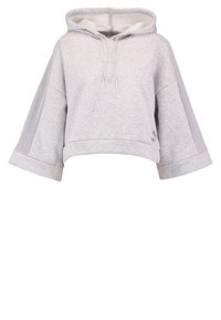 Sudadera recortada gris claro con mangas anchas, capucha con cordón y paneles de tela en contraste a lo largo de las mangas.