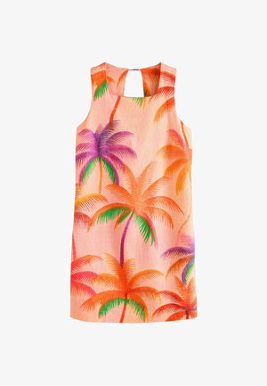 Ärmelloses Pfirsichkleid mit buntem Palmenmuster in Orange-, Lila-, Grün- und Pinktönen, mit kleinem Schlitz am Rücken.
