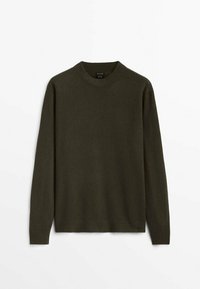 Maglione verde scuro, texture lavorata a maglia, collo rotondo, maniche lunghe e orlo a costine. Nessun logo o motivo visibile. Materiale leggero.