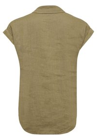 Camicia di lino a maniche corte color oliva con colletto e orlo curvo. Tessuto morbido con un design minimalista.