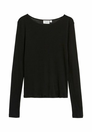 Sort langærmet T-shirt lavet af blødt stof, med rund halsudskæring og afslappet pasform, uden synlige mønstre eller detaljer.