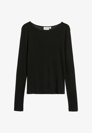 Black long-sleeve t-shirt made of soft fabric, featuring a scoop neckline and a relaxed fit, with no visible patterns or accents.