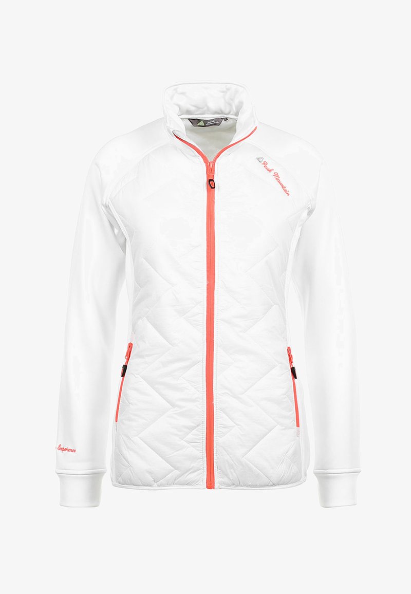 Veste blanche matelassée avec fermeture éclair à l'avant et accents orange. Dispose de poches latérales zippées et de poignets côtelés. Texture lisse tout au long.