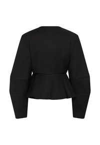Blazer noir à manches longues avec taille cintrée et bas à basque, vu de dos sur fond blanc.