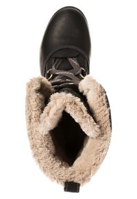 Botín de cuero negro con cordones grises, herrajes dorados y un suave forro de piel sintética beige alrededor del cuello para mayor calidez.