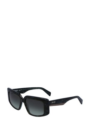 Occhiali da sole oversize con montatura in tartaruga nera e verde scuro, lenti grigie sfumate e dettaglio in metallo sulla tempia con logo.