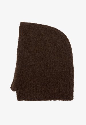 Brauner, strukturierten Wollmütze mit runder Oberseite und umgeschlagenem Rand, der eine weiche, flauschige Oberfläche aufweist.