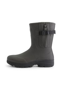 Botte imperméable grise en caoutchouc avec une surface texturée, un design épuré et un accent de boucle sur le côté. Semelle chunky noire pour une meilleure adhérence.