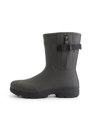 Grijze waterdichte laars van rubber met een gestructureerd oppervlak, een slank design en een gespaccent aan de zijkant. Stevige zwarte zool voor extra grip.