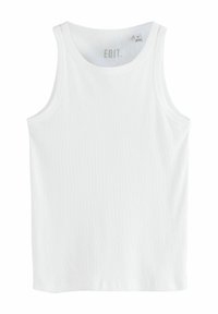 Weißes ärmelloses Tanktop aus geripptem Stoff; verfügt über einen runden Halsausschnitt und ein Etikett mit dem Aufdruck "EDIT." in der Mitte oben.