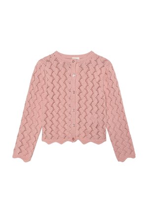 Cardigan rosa chiaro lavorato a maglia con orlo smerlato, caratterizzato da un motivo a pizzo a zigzag e sei bottoni sul davanti. Maniche lunghe.