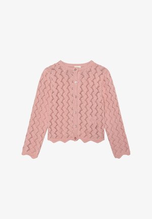 Hellrosa gestrickte Strickjacke mit einem wellenförmigen Saum, versehen mit einem Zickzack-Spitzenmuster und sechs Knöpfen auf der Vorderseite. Lange Ärmel.