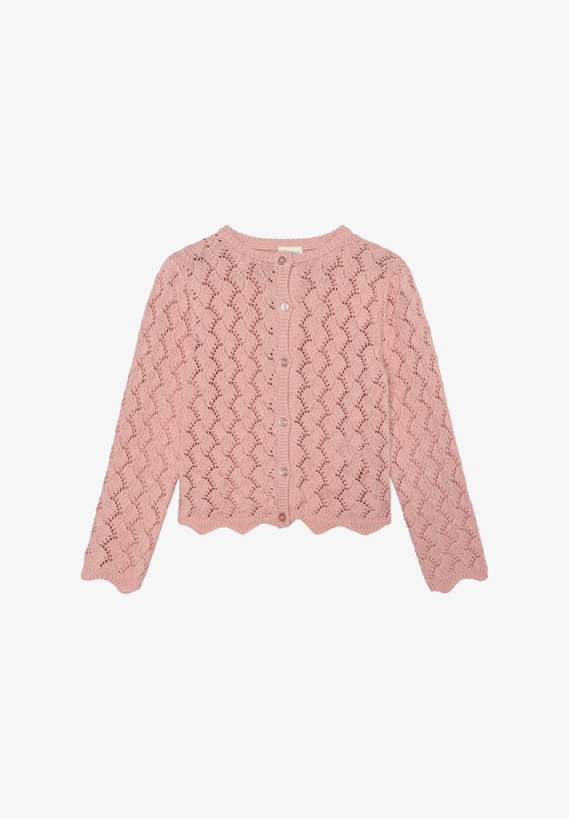 Jasnoróżowy dzianinowy kardigan z falistym dołem, przodem ozdobiony zygzakowatym wzorem koronki i sześcioma guzikami. Długie rękawy.